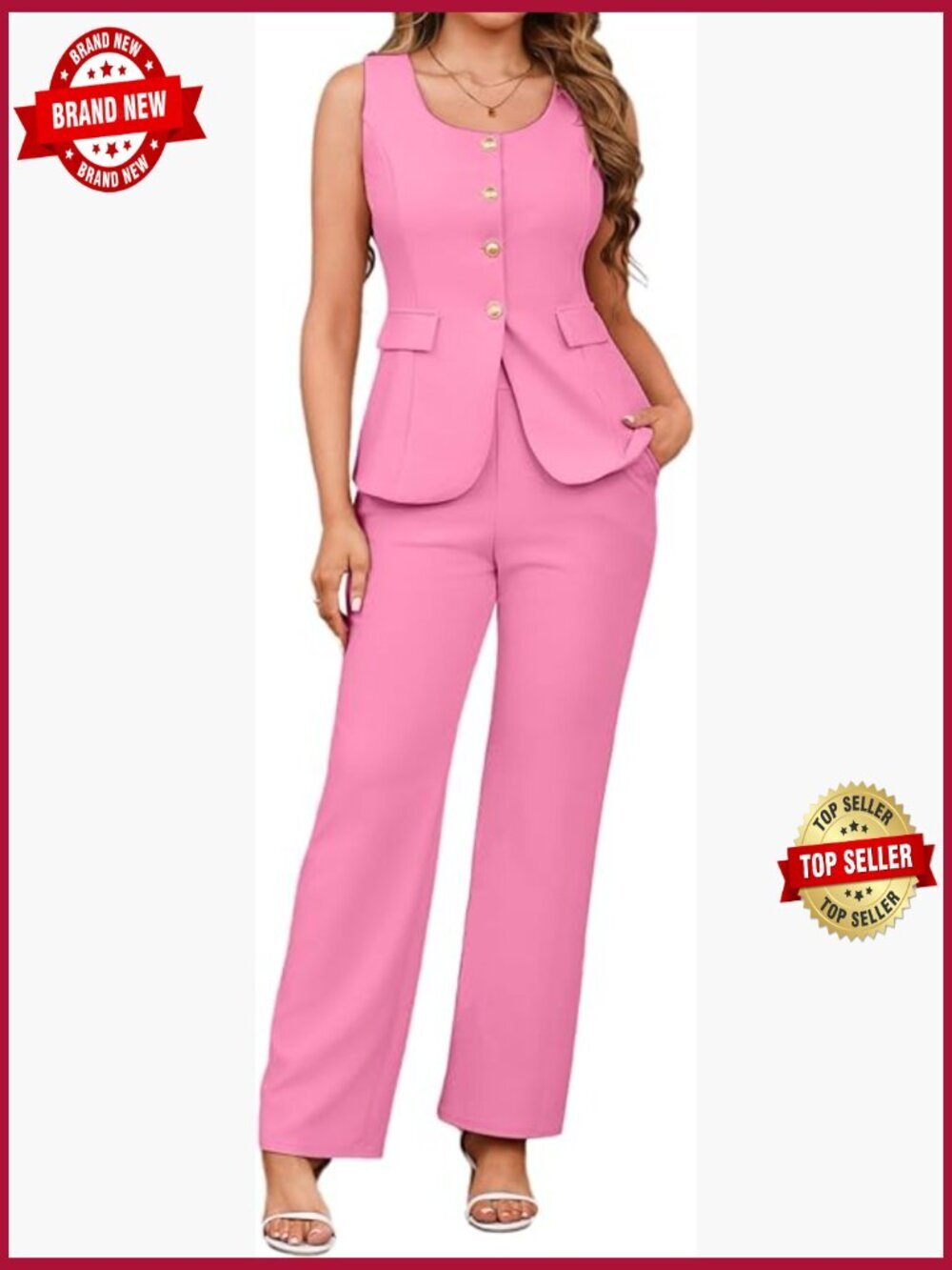 Sleeveless Blazer and Wide Leg Pants Set Business Casual 2 Piece Outfit